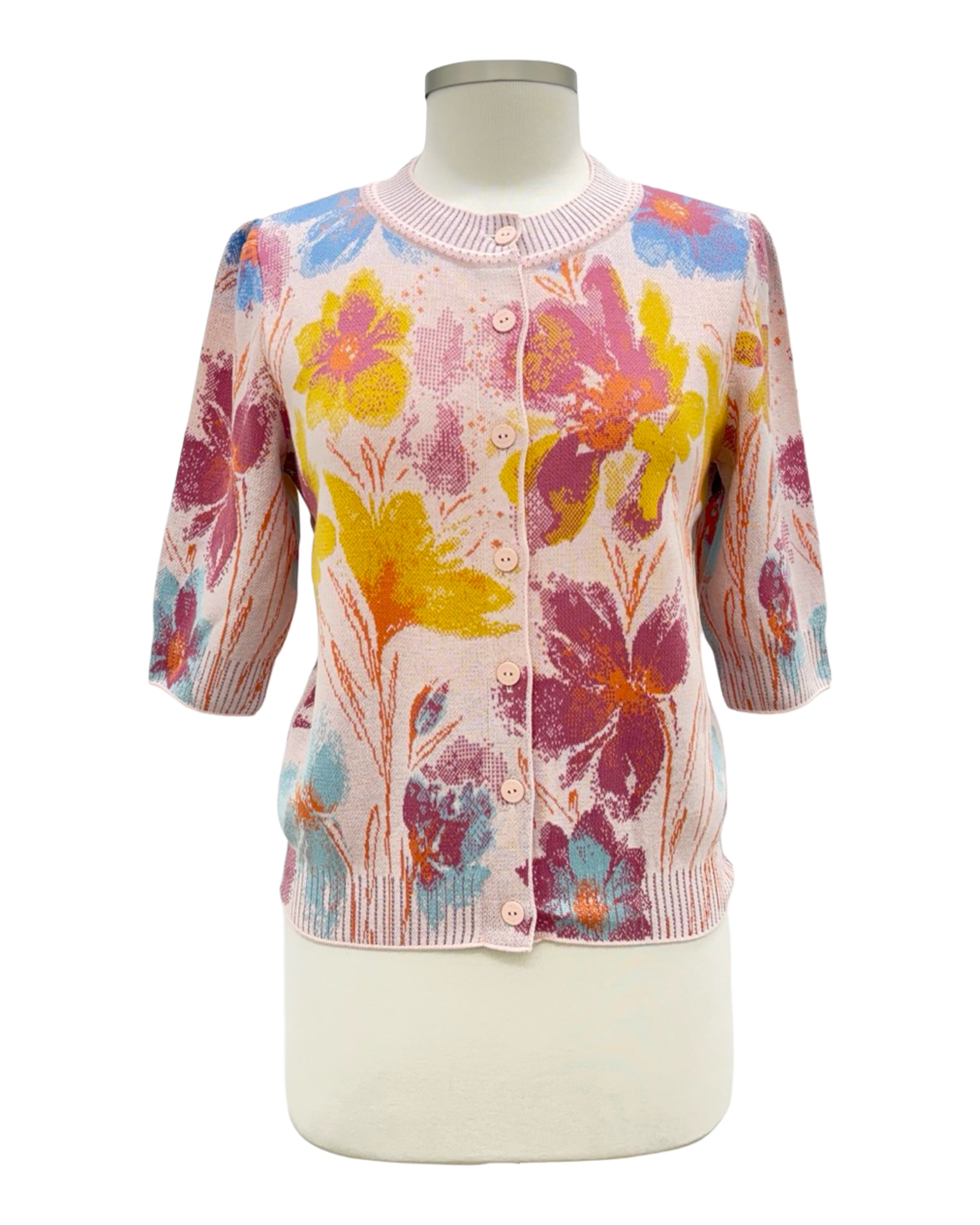 IVKO SHORT SLEEVE FLORAL CARDI SWEATER - ORIGINALLY $289