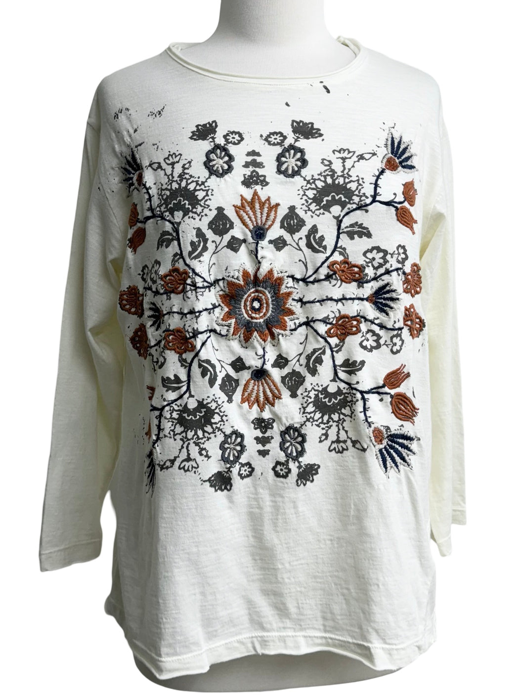 Caite LONG SLEEVE EMBROIDERED TEE OATMEAL